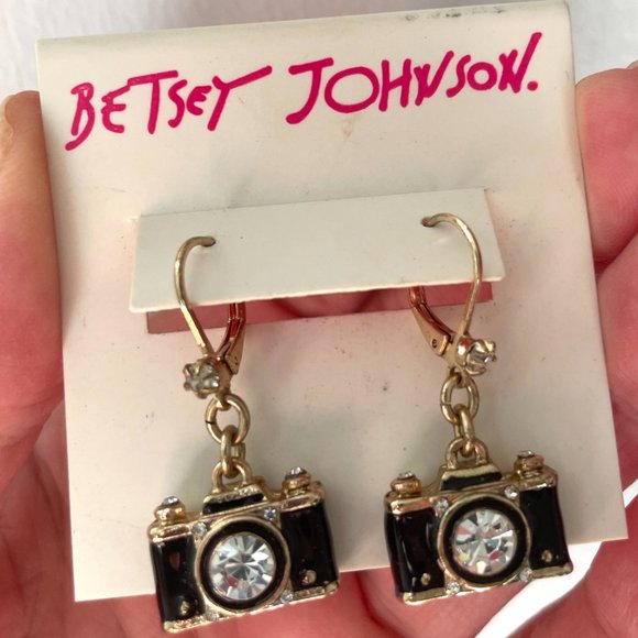 Betsey Johnson Royal Engagement Drop Earrings Gold Tone Rhinestone Black Enamel - Picture 6 of 13